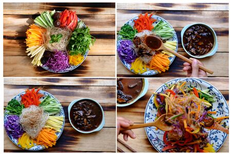 Prepare ingredient food for vegan mixed vermicelli with vegetables, red, yellow bell pepper, purple cabbage, coriander, cucumber, carrot, vegetarian raw material on wooden backgroundの写真素材