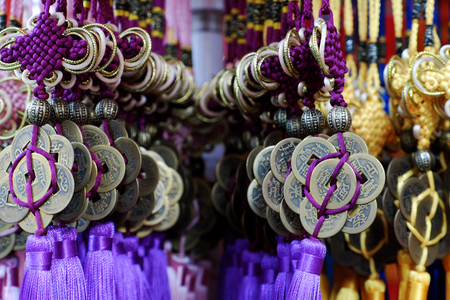 HO CHI MINH CITY, VIET NAM- JAN 25, 2019: Group of colorful ornaments to decor for springtime sale at decorate store, Binh Tay market, Vietnamのeditorial素材