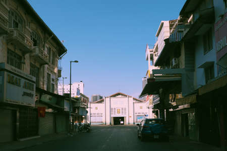HO CHI MINH CITY, VIET NAM- APRIL 4, 2020: Deserted street, silent scene at urban of big city that effect by request limit move around in pandemic, Ben Thanh market and row of house in shut downのeditorial素材