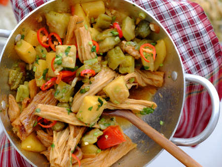 Top view Vietnamese vegan food for vegetarian at lunch or dinner, woman hand hold pan of tofu skin, pine apple and bitter melon cook with sauce, healthy eating with vegetable protein on whiteの写真素材