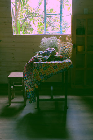 Classic style with handmade product drop from wooden table with window light, blanket diy from...
