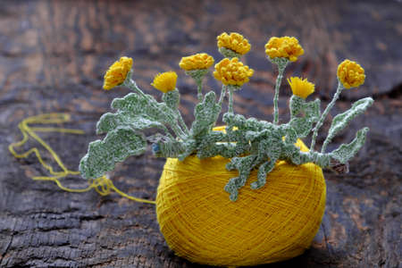 Beautiful artwork for home decor, crochet product to make yellow dandelion and green leaf with ball of yarn on wooden backgroundの写真素材