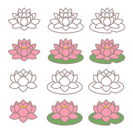 Lotus flower icon set. Vector illustration in a flat style.のイラスト素材