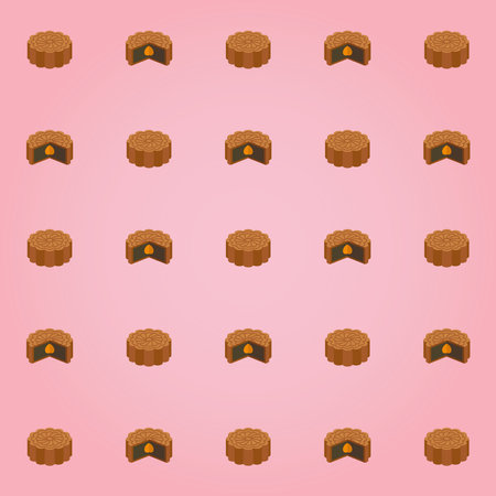 Seamless pattern with mooncake on pink background. Vector illustration.のイラスト素材