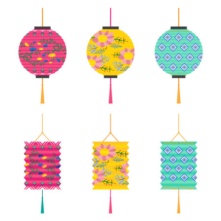 Colorful Chinese paper lanterns set isolated on white background. Vector illustration.のイラスト素材