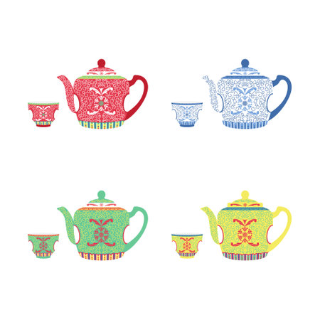 Set of teapot and teacups. Vector illustration.のイラスト素材