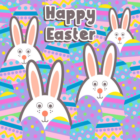 Happy Easter greeting card with cute bunnies. Vector illustration.のイラスト素材