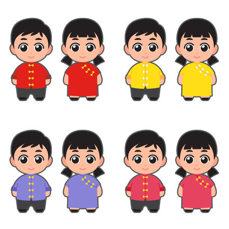 Set of cute chinese kids wearing traditional clothes. Vector illustration.のイラスト素材