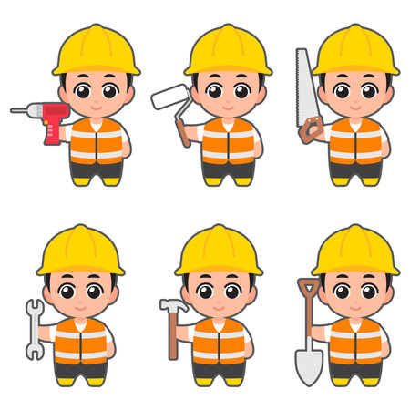 Chibi Cute cartoon construction worker character vector illustration. Set of various tools.のイラスト素材