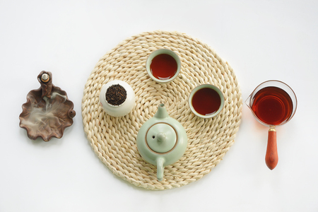 tea set top view on white backgroundの写真素材