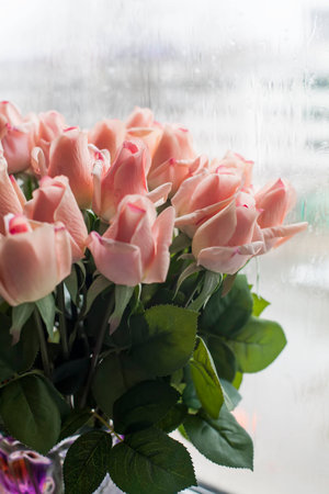 Window and a bouquet of rosesの写真素材