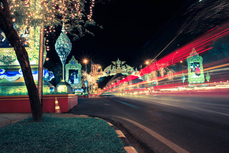 bangkok on ratchadamnoen road decorates light at nightbangkok on ratchadamnoen road decorates light at night and picture king and queenの写真素材