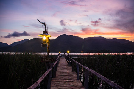 Lamp on the bridge in the countryの写真素材