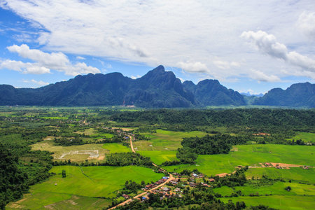 Village in the Mountains in Vangvieng, Laosの写真素材