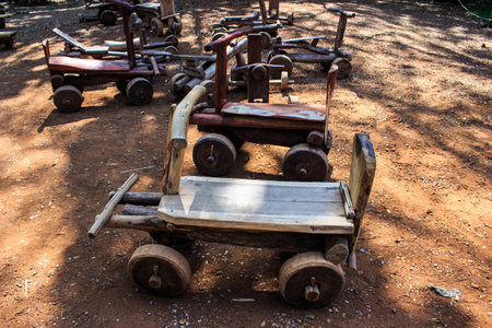 Wooden toy car in the courtyard.の写真素材