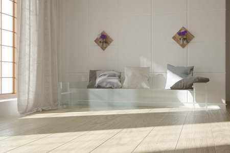 Modern bright interiors 3D rendering illustration of room with white walls
