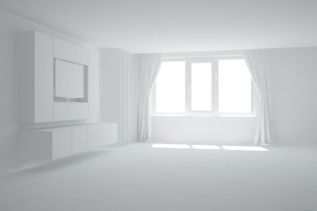 White room with window and white curtains. 3d render illustration.の写真素材