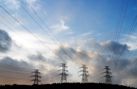 cenery, tower, sky, electric power, electric wire, electric transmission,  の写真素材