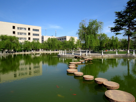Landscape view of a campus at the lakesideのeditorial素材