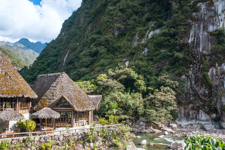 Aguas Calientes, the town and railway station at the foot of the sacred Machu Picchu mountain, Peruの写真素材