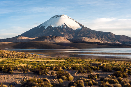 Snow capped Parinacota Volcano reflected in Lake Chungara, Chileの写真素材