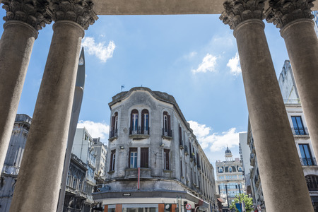 View of the old city from the colonnade of the theater Solis, Montevideo, Uruguayのeditorial素材