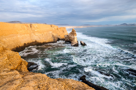 Cathedral Rock Formation, Peruvian Coastline, Rock formations at the coast, Paracas National Reserve, Paracas, Ica Region, Peruの写真素材