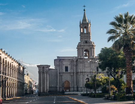 Early morning in the city Arequipa in southern Peru and Volcano El Misti overlooksの写真素材