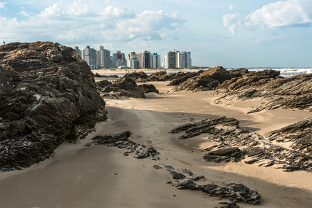 MALDONADO, URUGUAY, AUGUST, 9: Punta del Este beach has an unusually hot weekend, when daytime temperatures reach +31 Celsius in winterのeditorial素材