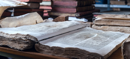 Arequipa, Peru - March 9, 2011: Books are subject to restoration after the tsunami in the Ricoleta Library the oldest library in Peru and Latin Americaのeditorial素材
