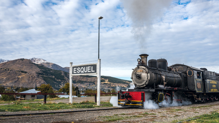 Esquel, Argentina - April 28, 2018: La Trochita (official name: Viejo Expreso Patagonico), in English known as the Old Patagonian Express, is a 750 mm (2 ft 5 1?2 in) narrow gauge railway in Patagonia, Argentina using steam locomotivesのeditorial素材