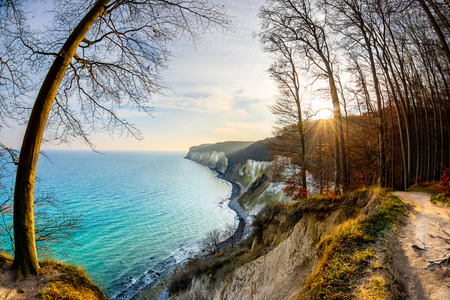 Hiking trail with a view on the Baltic sea at sunsetの写真素材