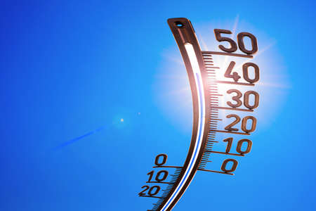 Summer background, bright sun with thermometer