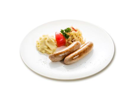 Nuremberg baked sausage with mashed potatoes and sour broccoliの写真素材