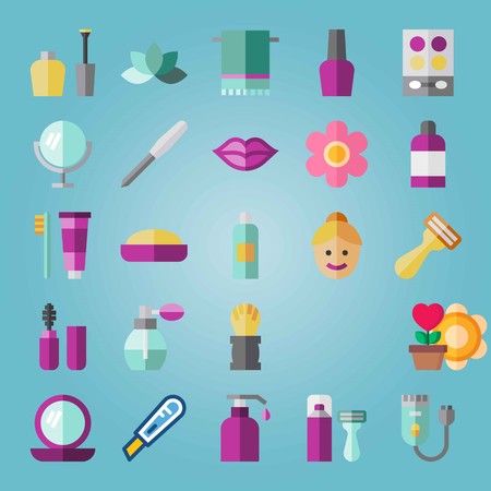 Icon set about Beauty. with towel, makeup set and shampoo.のイラスト素材