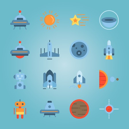 icon set about Universe with sun, robot car, space capsule, ufo and earth