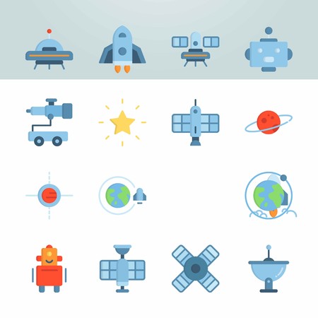 Icon set about Universe. with spacecraft, satellite dish and telescopeのイラスト素材