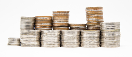 Thailand Baht coins arranged on a white background.の写真素材