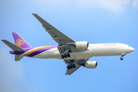 Bangkok, Thailand. - April 23, 2017 : Plane of Thai Airways in the sky landing to Suvanabhumi...