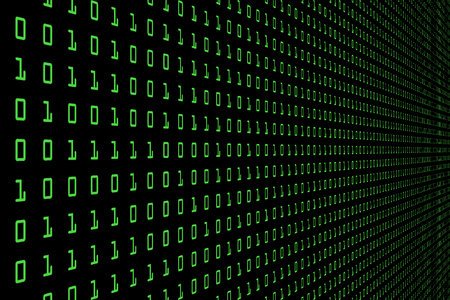 Perspective image of technology digital dark or black background with binary code in light green...