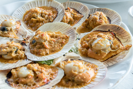 Scallops cooked with creamy sauce, served in the shell on the white plate.