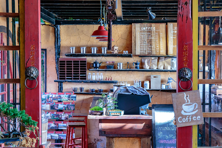 Maehongson, Thailand. - February 22, 2017 : Coffee shop at Lee Wine Lodging houses among the tea plantation on the hill slope at Ban Rak Thai (Thai loving village), Mae Hong Son province, Thailand.のeditorial素材