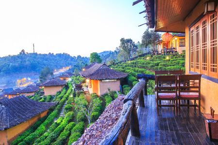 Maehongson, Thailand. - February 22, 2017 : Lee Wine or LeeWine Lodging houses among the tea plantation on the hill slope at Ban Rak Thai (Thai loving village), Mae Hong Son province, Thailand.のeditorial素材