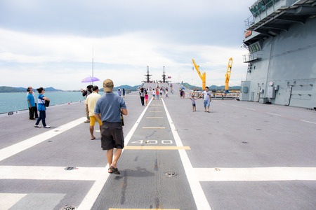 Rayong, Thailand, 13 August 2017: People or traveler visit the battle ship name Chakri Naruebet or Chakrinaruebet at the Royal Thai Navy of Rayong, Thailand.のeditorial素材