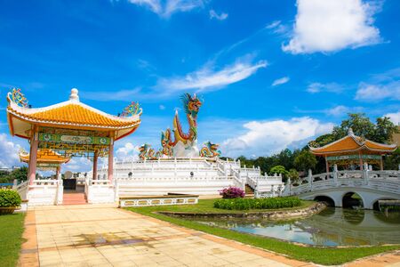 Nakornsawan, Thailand. - October 8, 2017 : Beautiful giant or big colorful dragon statue with blue...