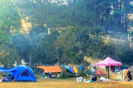 Thung Salaeng Luang National Park, Phetchabun, Thailand - January 1, 2018 : Sunrise at Thung Salaeng Luang National Park, people are camping tent with foggy or misty on the morning.のeditorial素材