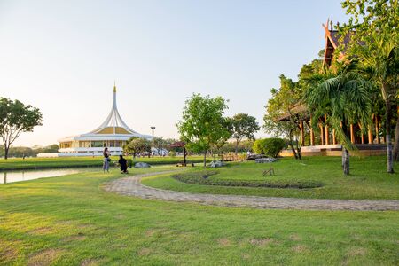 Bangkok, Thailand. - April 22, 2018 : Ratchamangkala Pavilion at public park name Suan Luang Rama IX on sunset or evening time Bangkok, Thailand.のeditorial素材