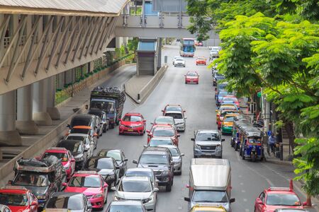 Bangkok, Thailand. - May 21, 2016 : Traffic jam at road in the city center. near interchange skywalk...