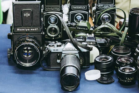 Bangkok, Thailand. - August 27, 2017 : Vintage old or classic camera and lens sell at market.のeditorial素材