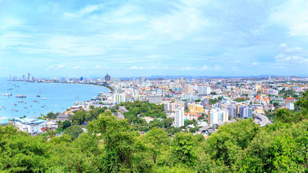 Pattaya, Chonburi Province, Thailand. - SEPTEMBER 17, 2016 : Landscape photo of Pattaya cityscape and bay or harbor at Chonburi Province, Thailand.のeditorial素材